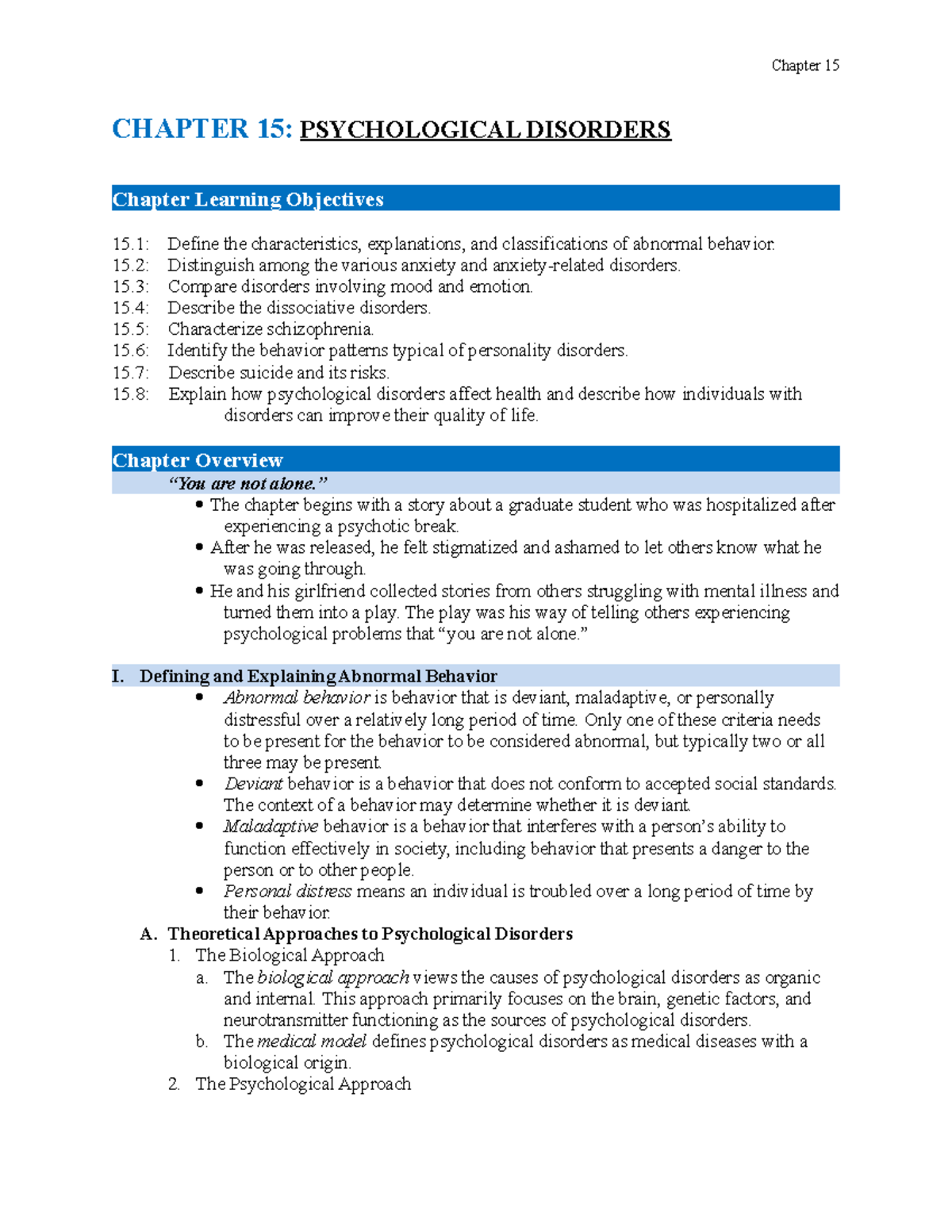 Ch 15 Study Guide - CHAPTER 15: PSYCHOLOGICAL DISORDERS Chapter ...