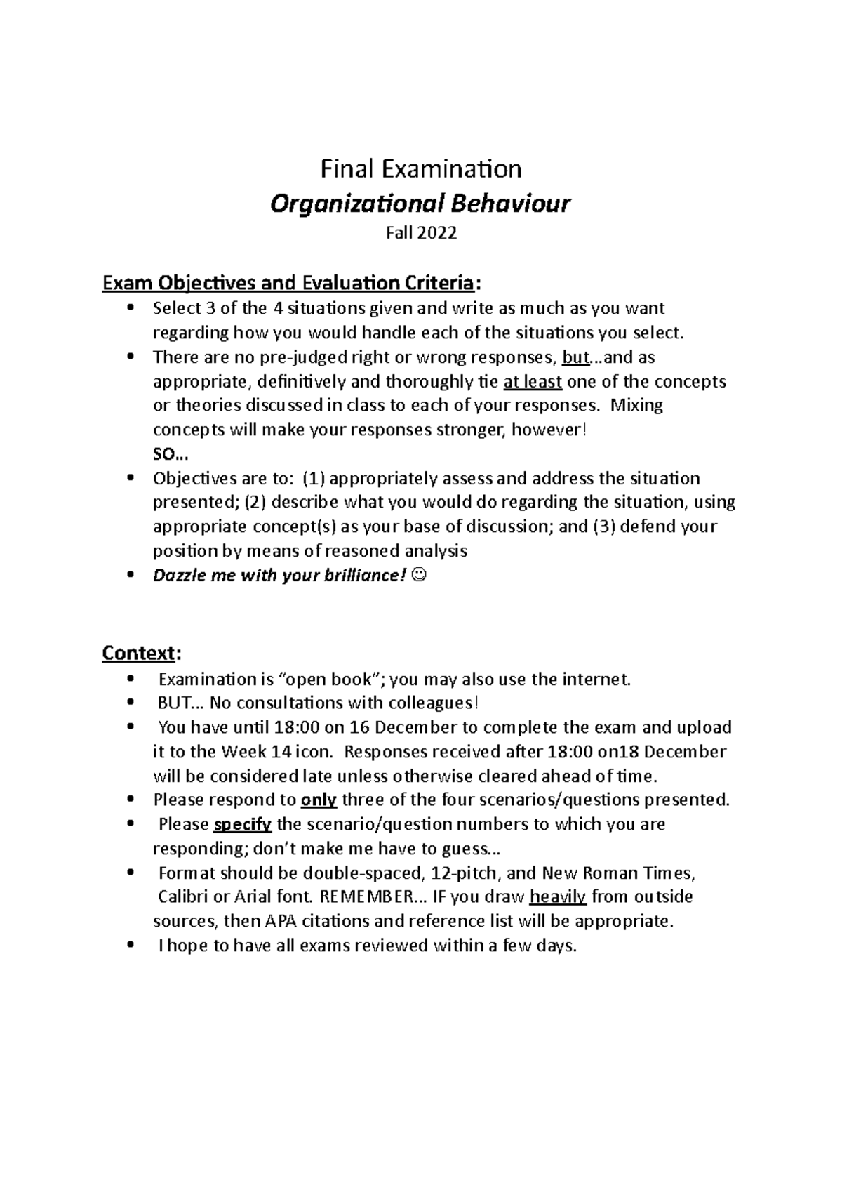 The Final Exam Final Examination Organizational Behaviour Fall 2022