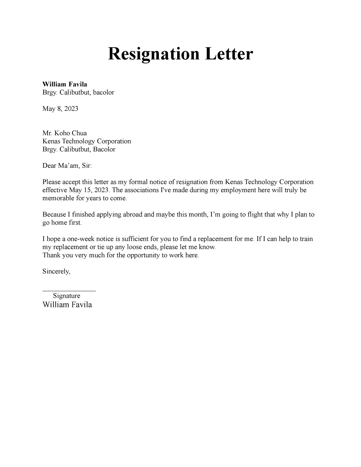 Sample resignation letter 1 - Resignation Letter William Favila Brgy ...