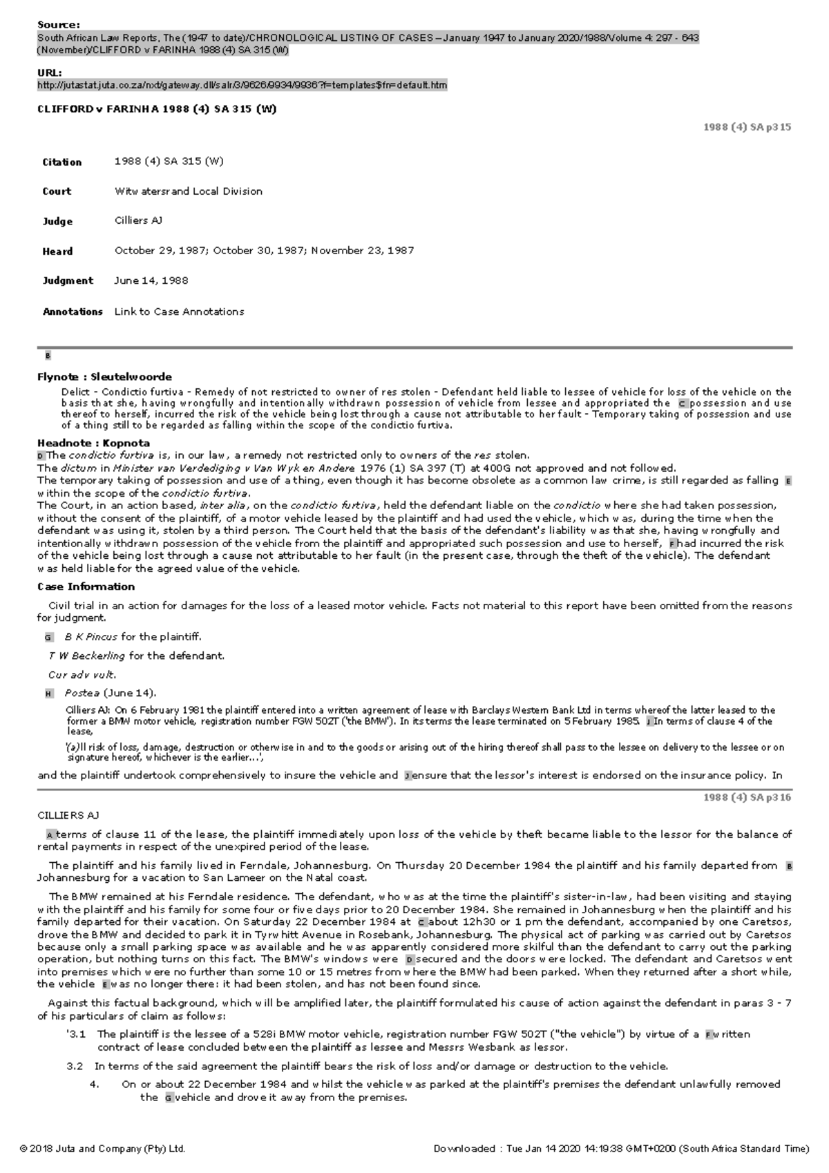 Clifford v Farinha 1988 (4) SA 315 (W) Studocu