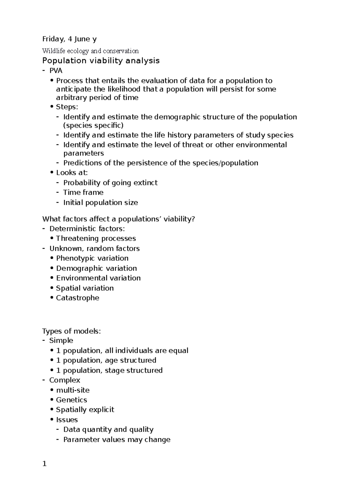 Lecture 15 Population Viability Analysis Friday 4 June Y Wildlife