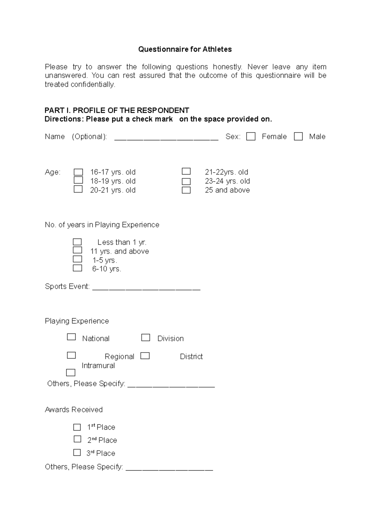 QuestionnaireforAthletes Questionnaire for Athletes Please try to