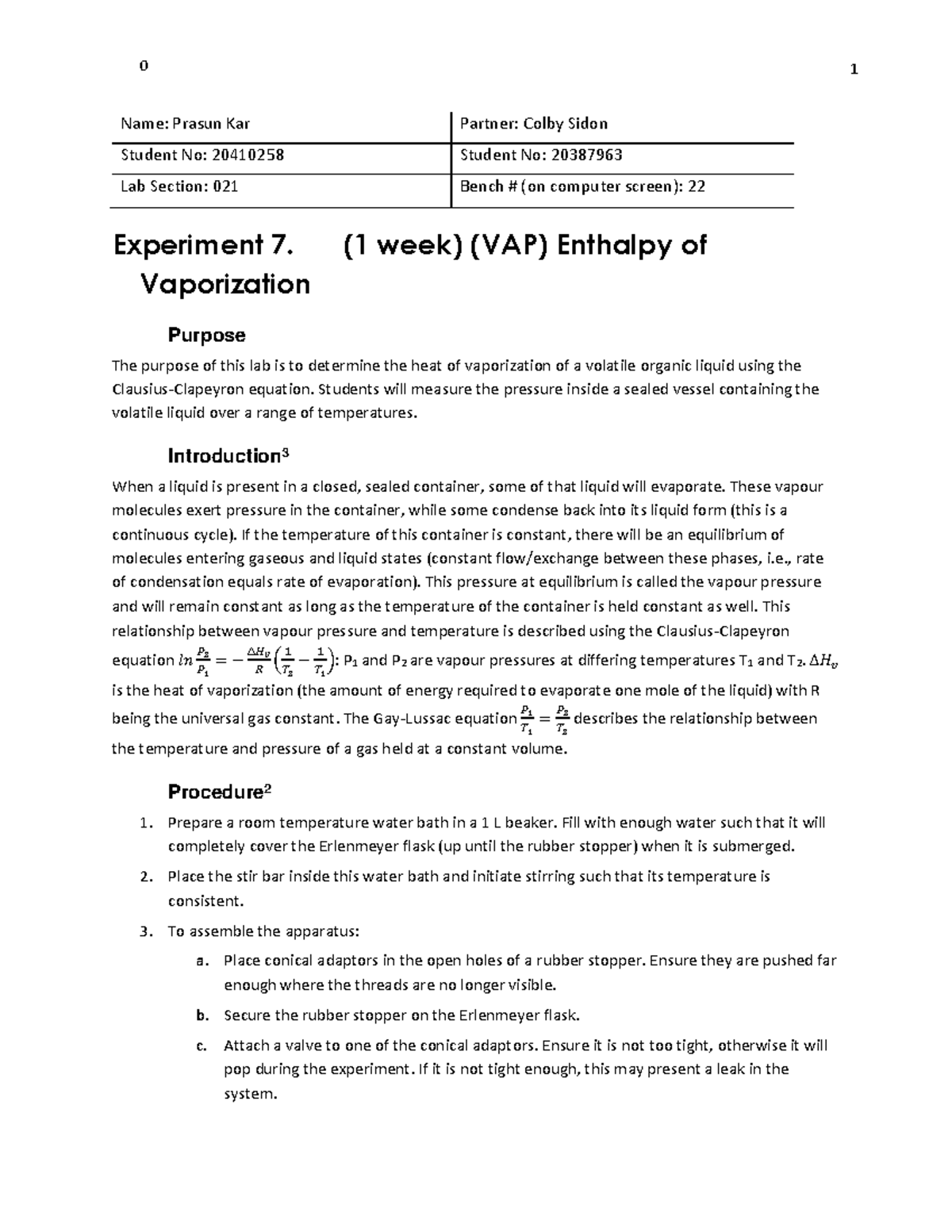 Enthalpy of Vaporization Lab Report - Name: Prasun Kar Partner: Colby ...
