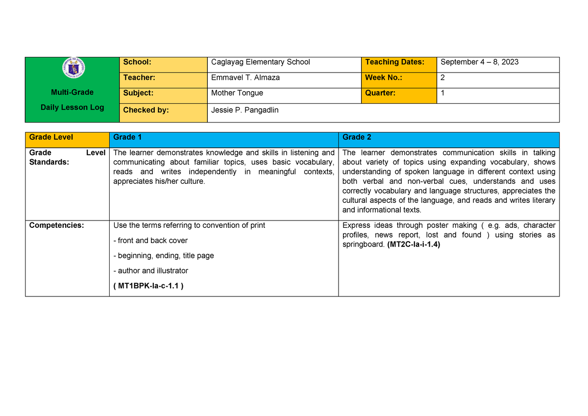 1st Quarter - MTB 1&2 - Week 2 - Multi-Grade Daily Lesson Log School ...