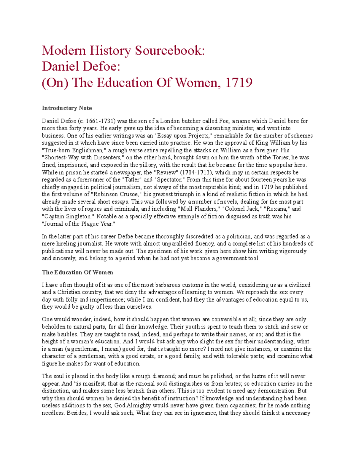 Chapter 7selections REPORT Modern History Sourcebook Daniel Defoe