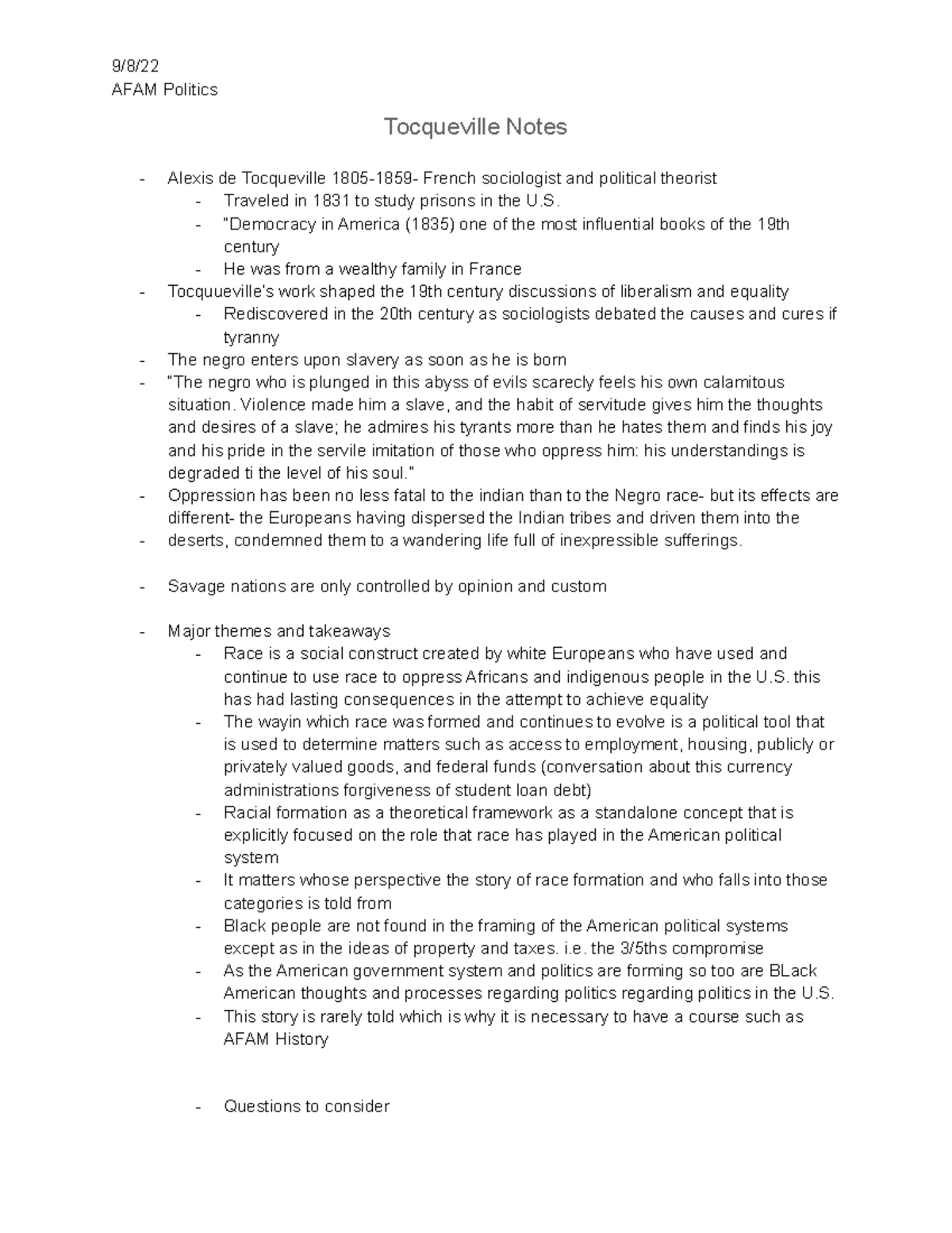 AFAM Politics Class Notes 1 - 9/8/ AFAM Politics Tocqueville Notes ...