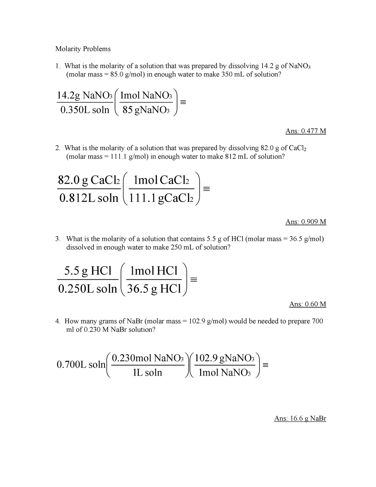 100Molarprac Key F 03 - Practical - Molarity Problems What is the ...