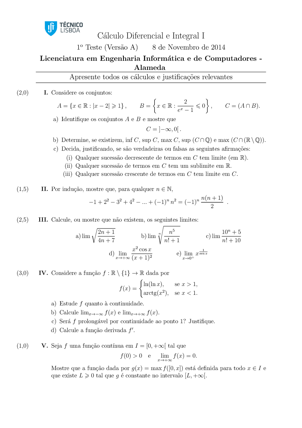 Teste 1 Versão A - C ́alculo Diferencial E Integral I 1 OTeste (Vers ...