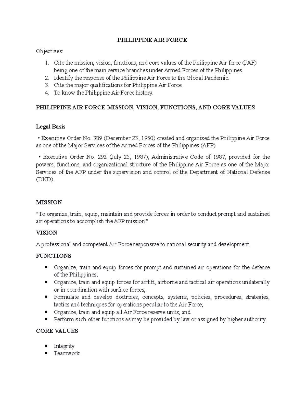 AIR Force Termpaer PHILIPPINE AIR FORCE Objectives Cite the mission, vision, functions, and
