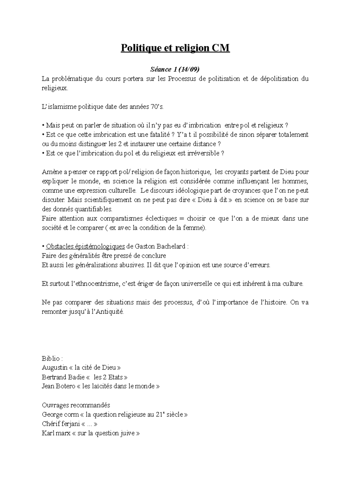 Politique et religion CM - Politique et religion CM Séance 1 (14/09) La ...