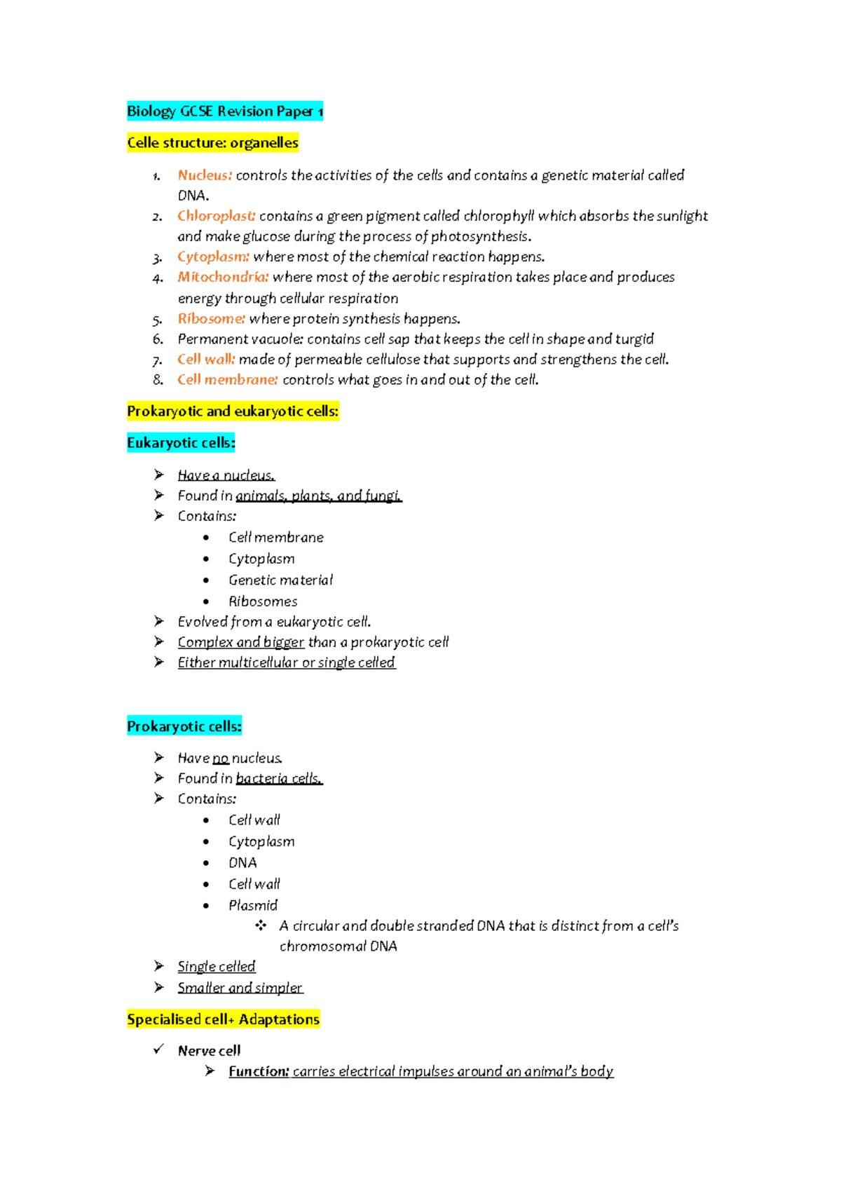 Biology GCSE paper 1 - Biology GCSE Revision Paper 1 Celle structure ...