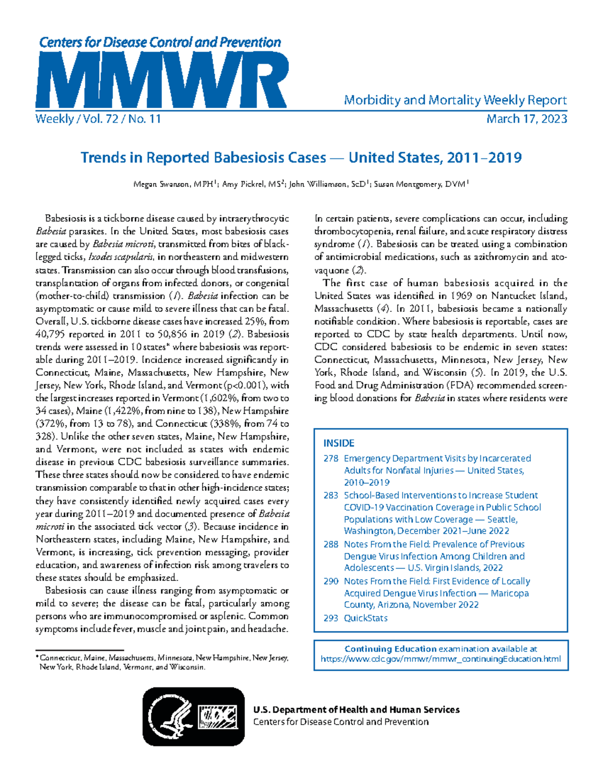 MMWR case report Weekly / Vol. 72 / No. 11 March 17, 2023 INSIDE 278