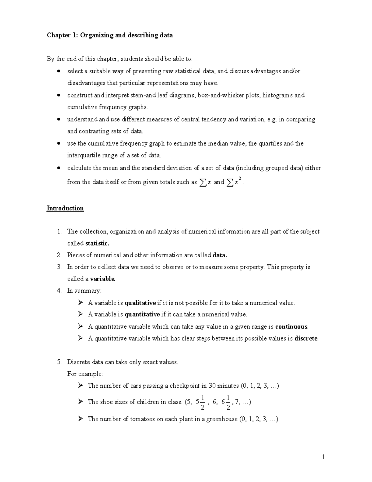 Mathematics Statistics - Chapter 1: Organizing and describing data By ...