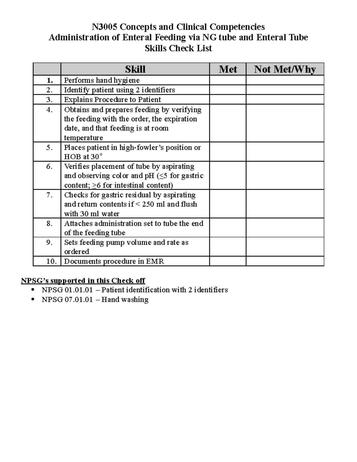 N3005 Enteral Feeding via NG tube & ET N3005 Concepts and Clinical Competencies