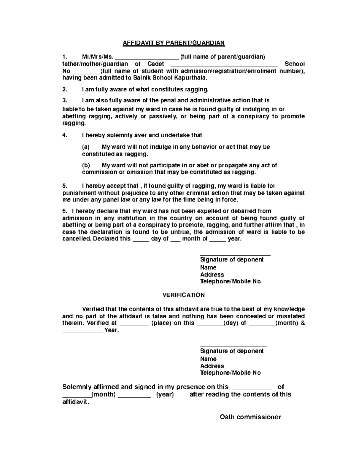 Affidavit BY Parent ragging - AFFIDAVIT BY PARENT/GUARDIAN Mr/Mrs/Ms