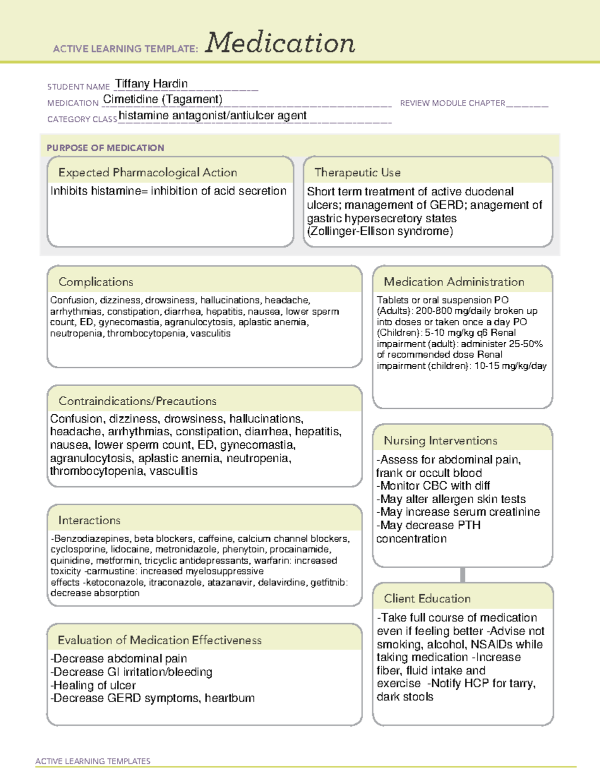 Cimetidine - drug card - ACTIVE LEARNING TEMPLATES Medication STUDENT ...