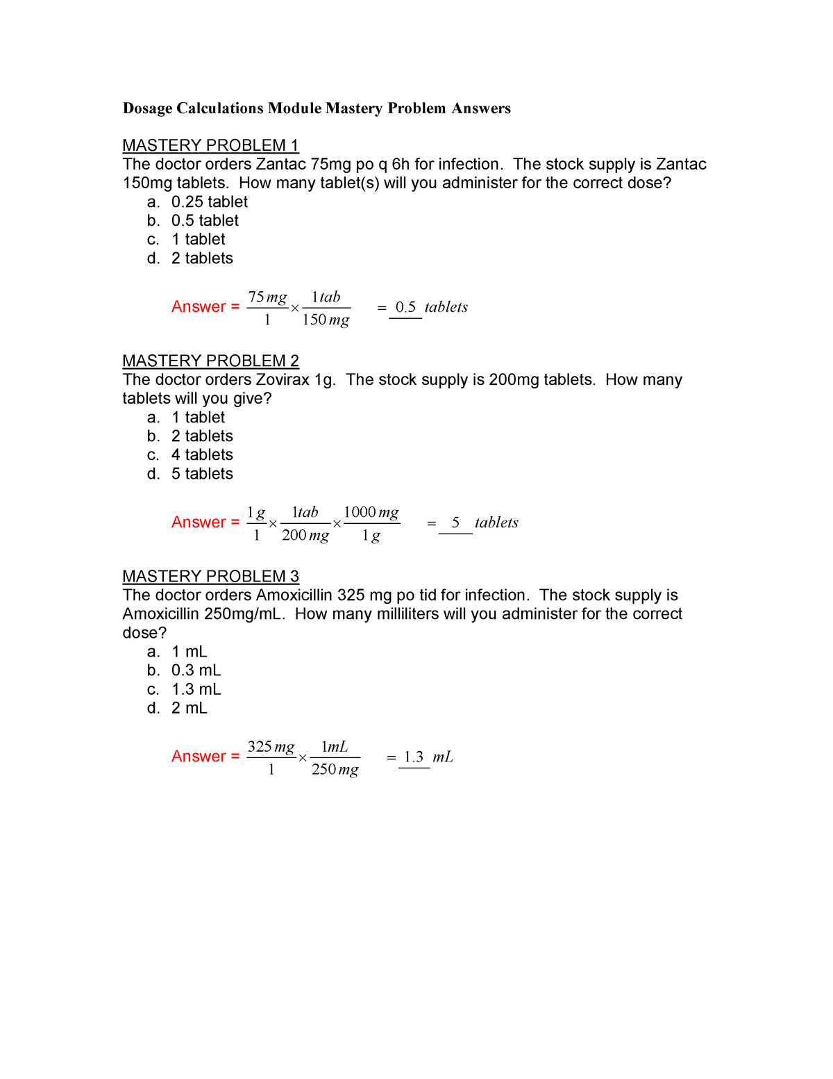 Dosage Calculations Module Mastery Problem Answers - - Studocu