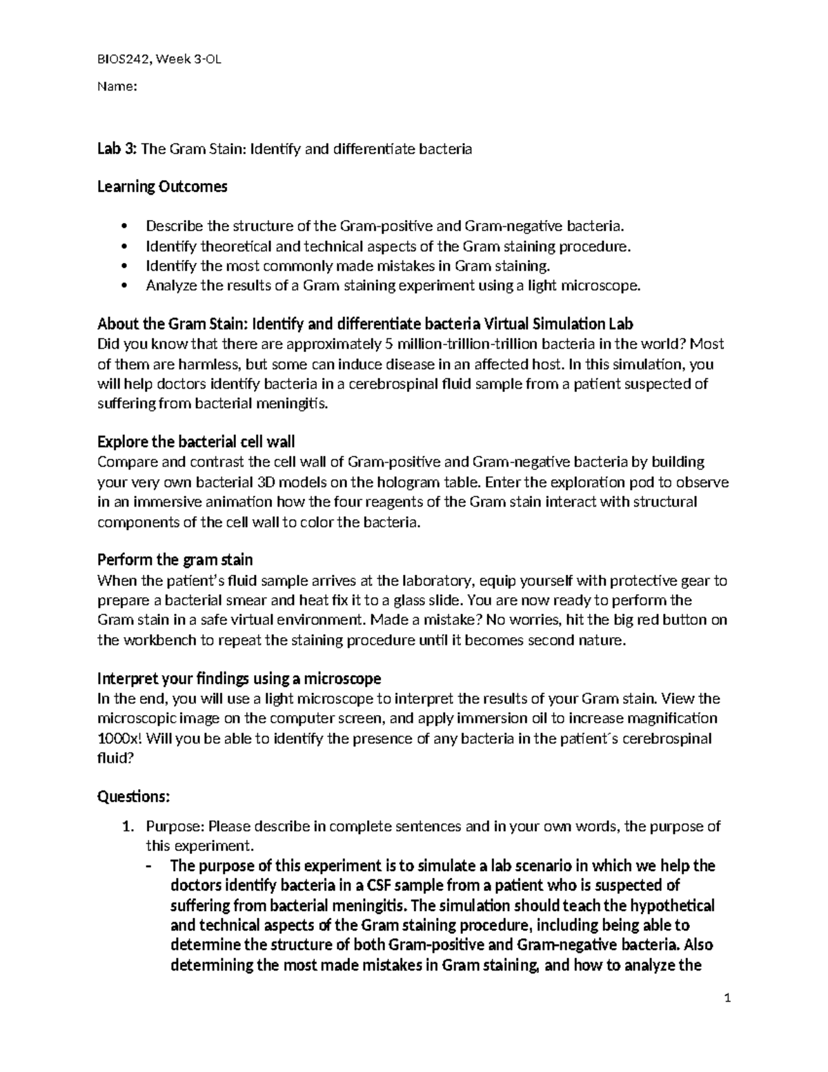 OL Gram staining - n/a - BIOS242, Week 3-OL Name: Lab 3: The Gram Stain ...
