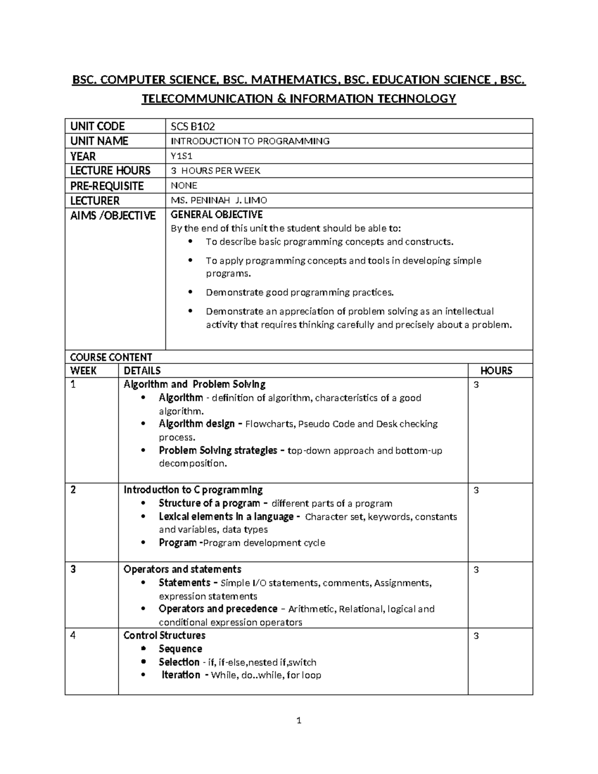 SCS B102 Course Outline - BSC. COMPUTER SCIENCE, BSC. MATHEMATICS, BSC ...