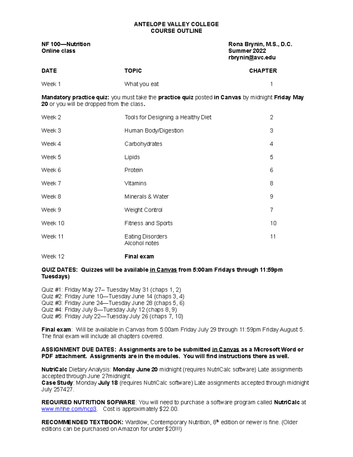 NF100 online course outline summer 12 week-1 - ANTELOPE VALLEY COLLEGE ...