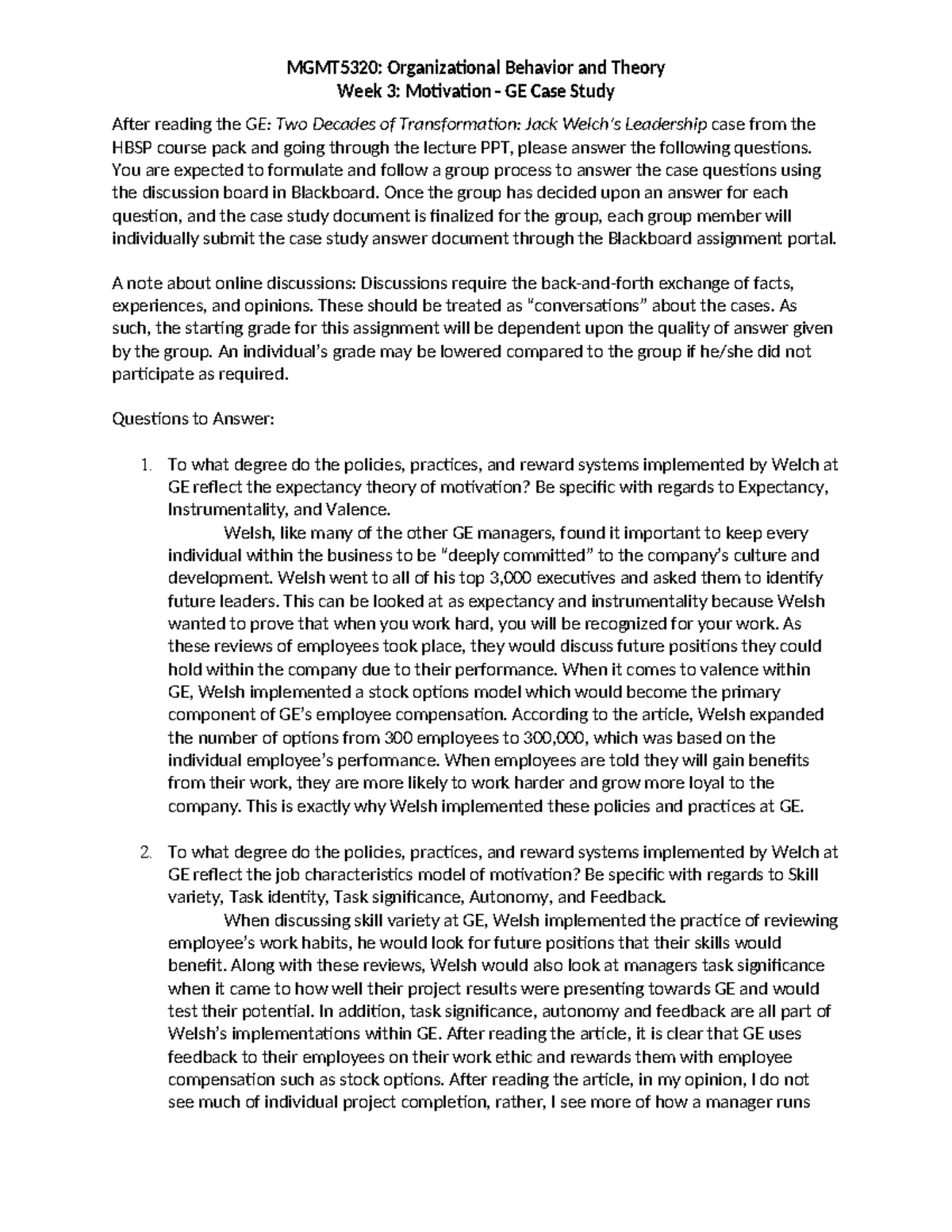 GE Case Questions - Weekly Assignments - MGMT5320: Organizational ...