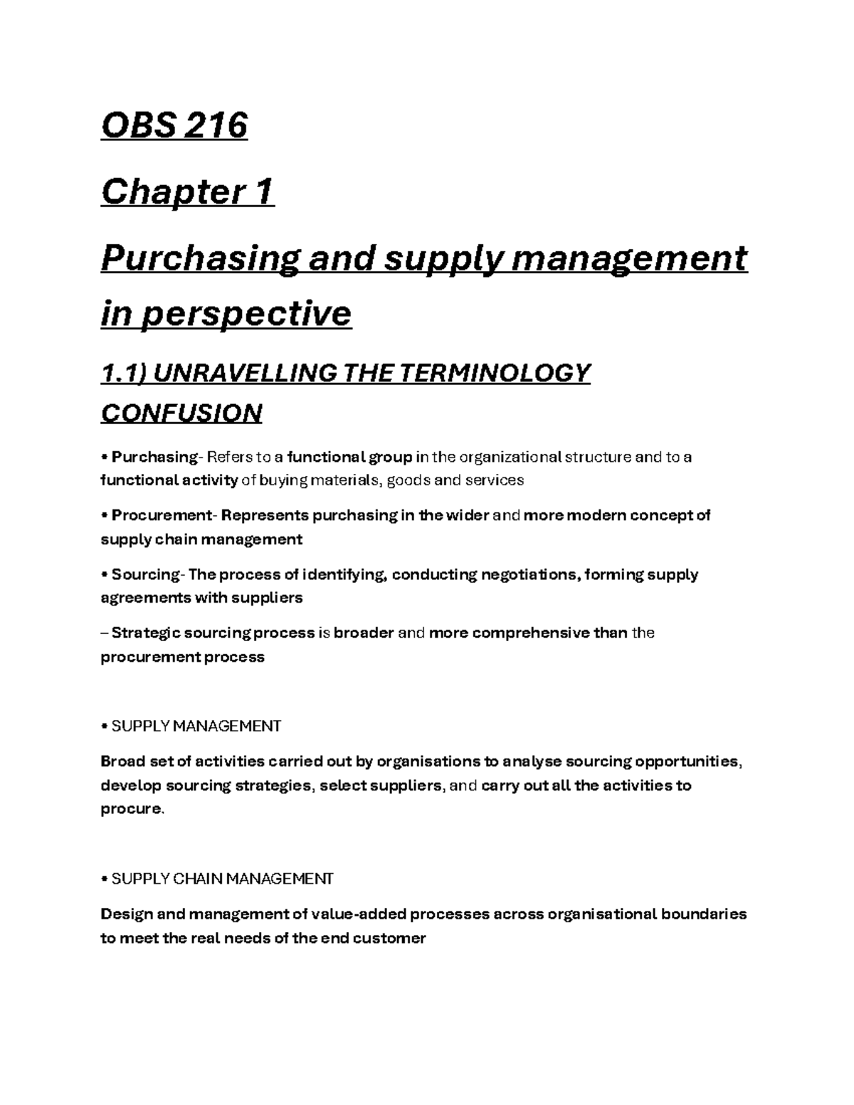 OBS 216 - Summary Supply chain management - OBS 216 Chapter 1 ...