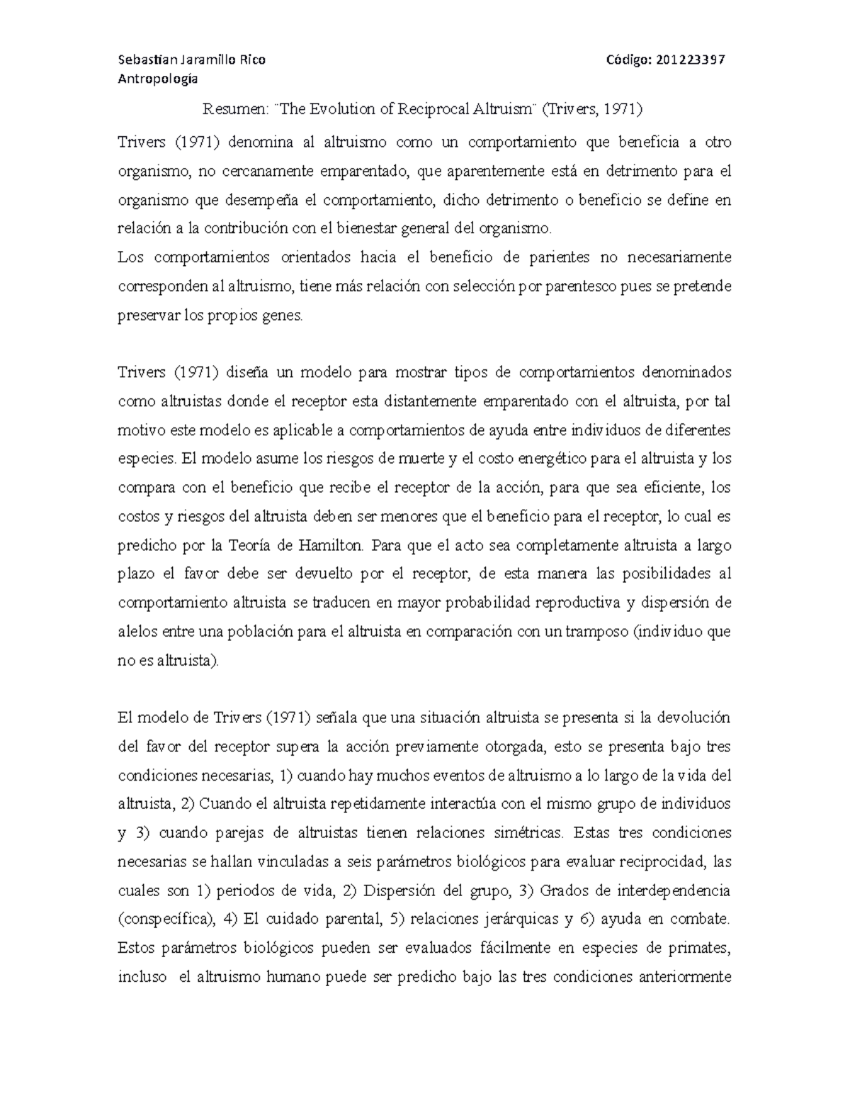 Resumen ¨The Evolution of Reciprocal Altruism¨ Trivers, 1971