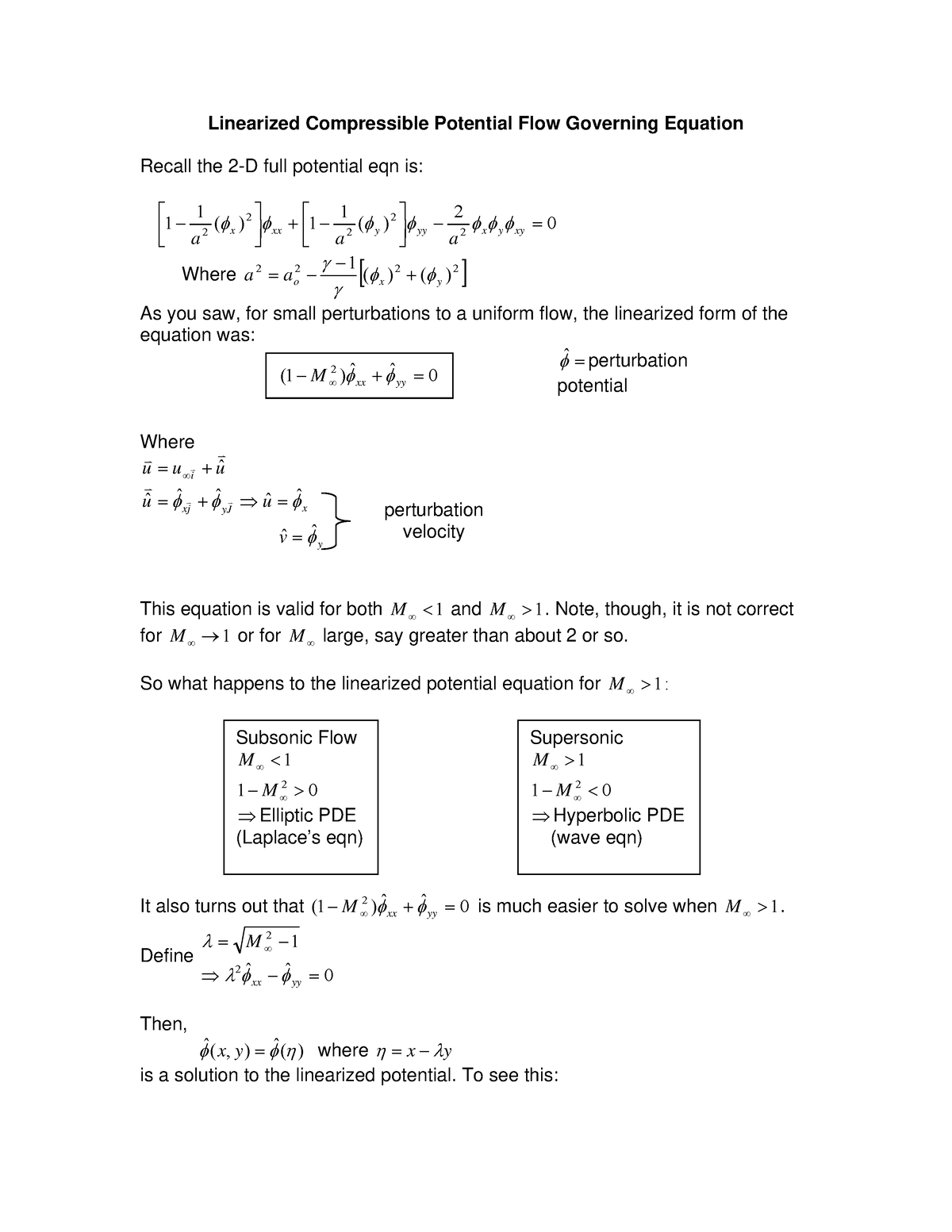 Linearized Compressible Potential Flow Governing Equation - Recall the ...