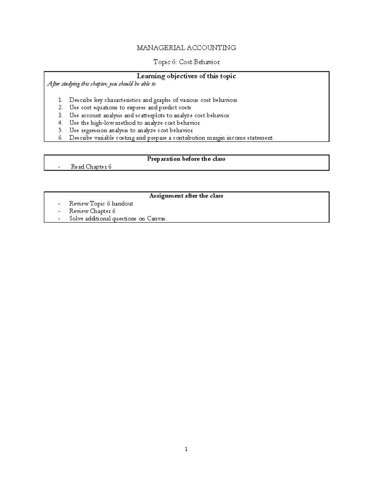 Topic 6 - MANAGERIAL ACCOUNTING Topic 6: Cost Behavior Learning ...