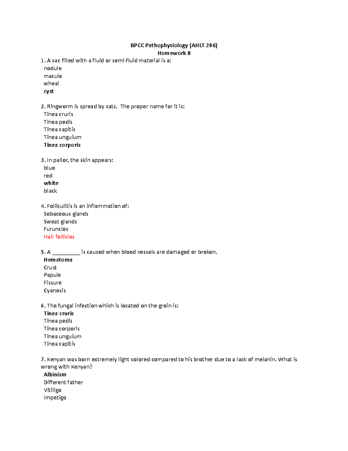 BPCC Pathophysiology homework 8 - BPCC Pathophysiology (AHLT 206 ...
