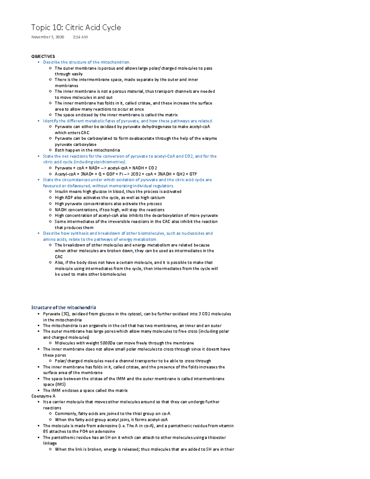 Topic 10 - the citric acid cycle (mitochondria, and pyruvate oxidation ...