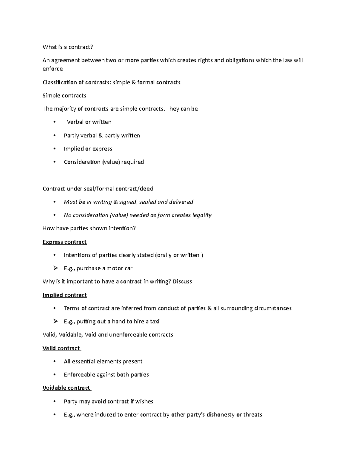 Week 2 notes - What is a contract? An agreement between two or more ...