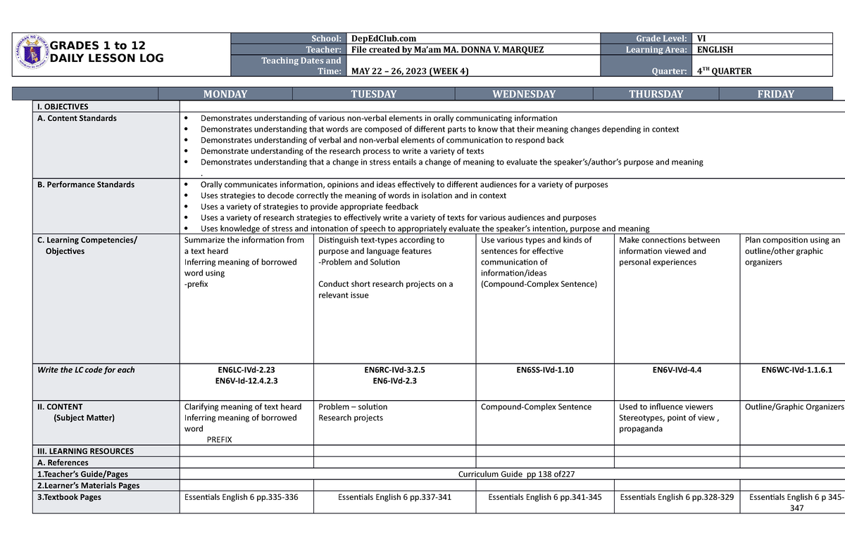 DLL English 6 Q4 W4 - detailed lesson plan in science - GRADES 1 to 12 ...