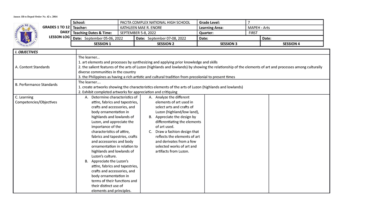 DLL-1st Lesson-Arts7 - Daily lesson log - Annex 1B to Deped Order No ...