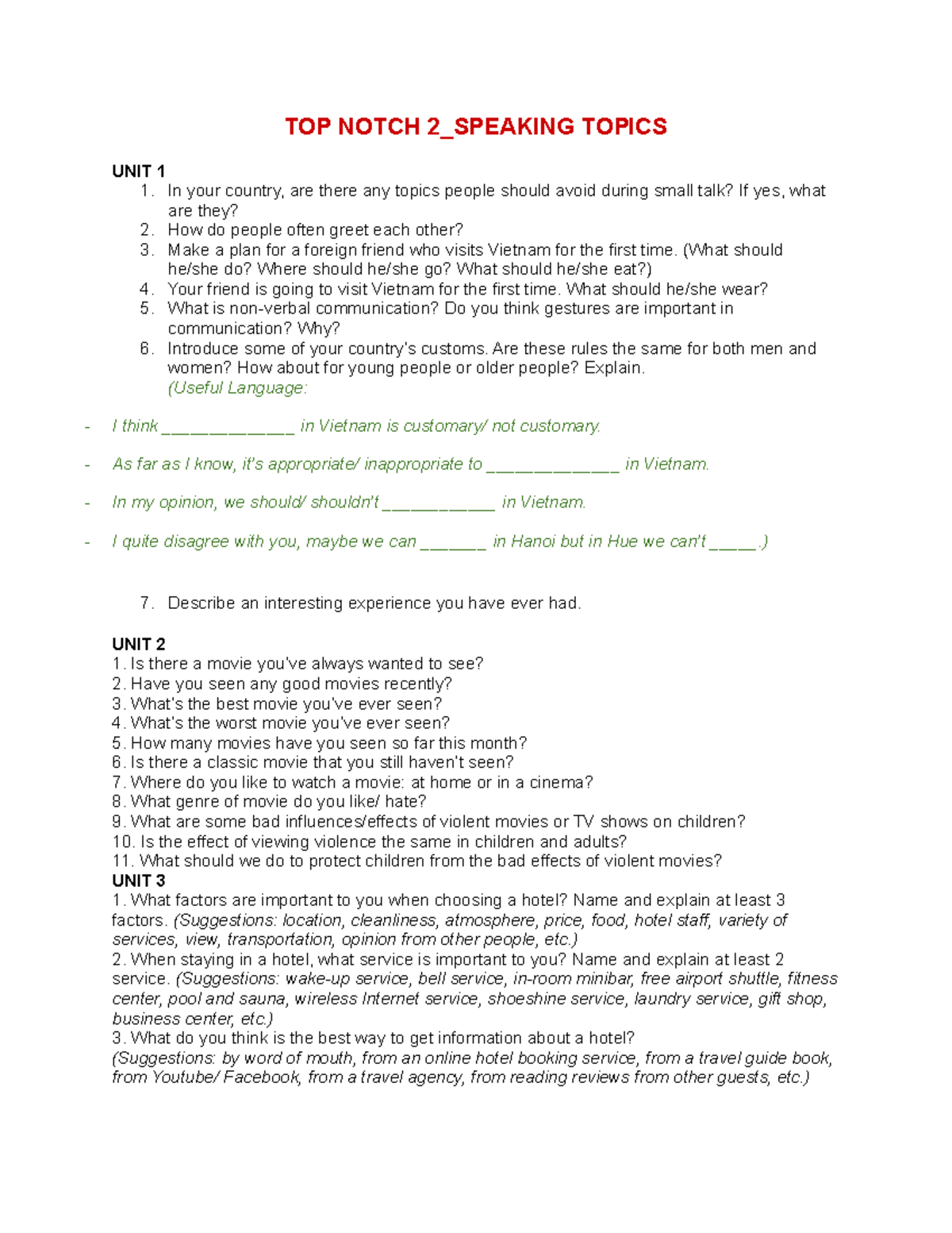 TOP Notch 2 (Speaking) 123 TOP NOTCH 2_SPEAKING TOPICS UNIT 1 In