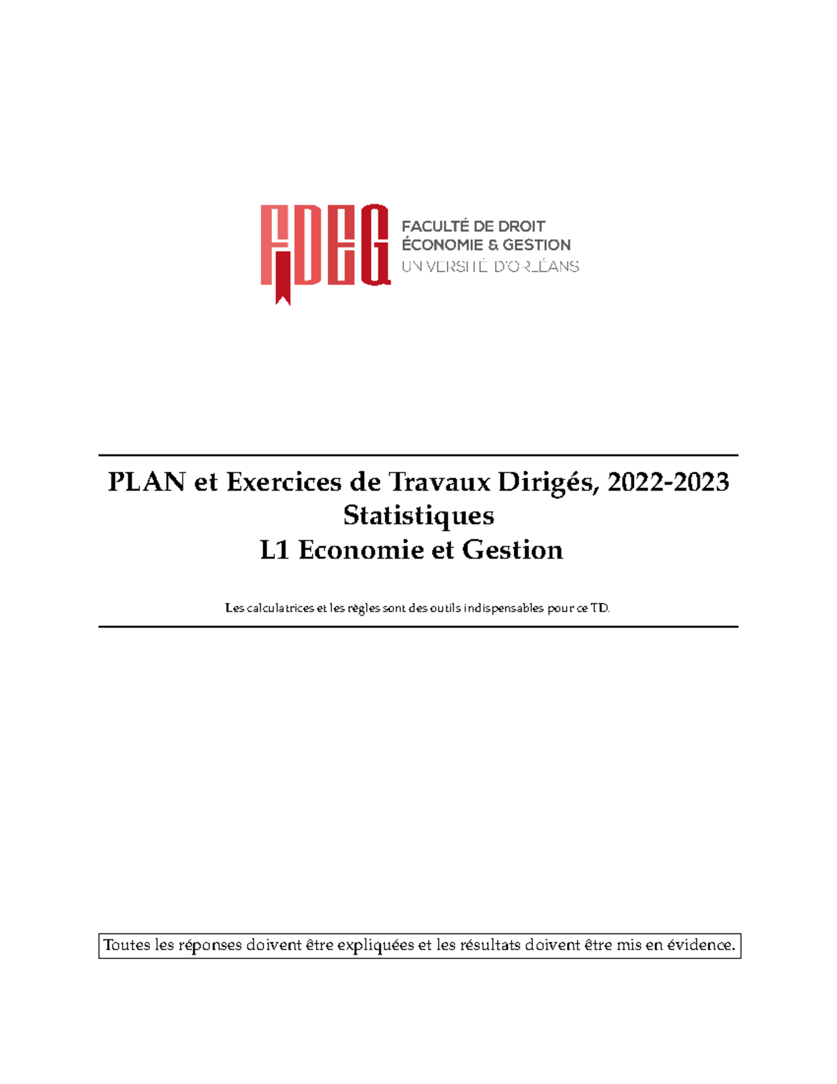 Td Statistiques L Eg Td De Statistique Plan Et Exercices De Travaux Dirig S