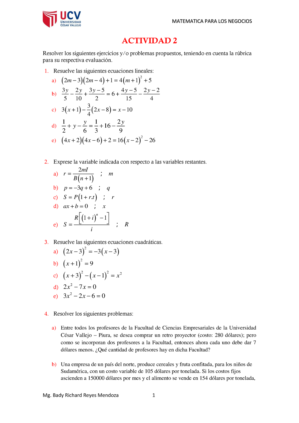 Actividad 2 - A A A - Mg. Bady Richard Reyes Mendoza 1 MATEMATICA PARA ...