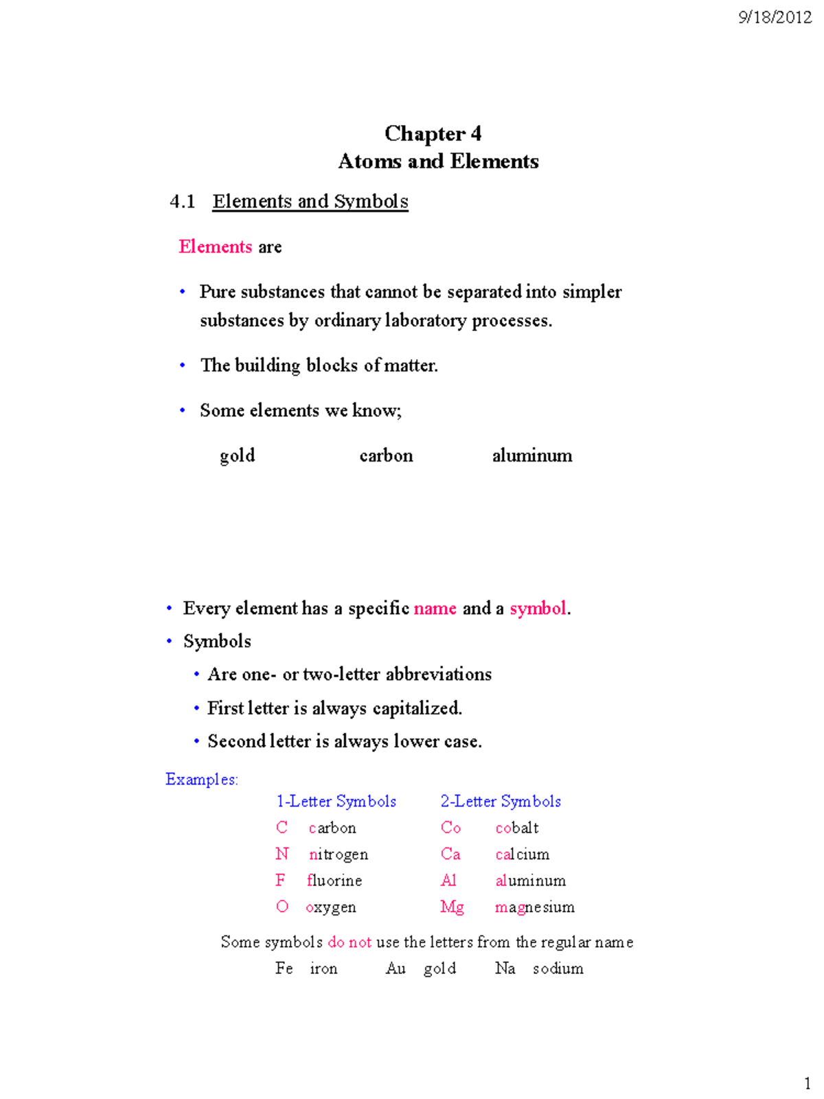 Introto Chem CH4Lecture Notes - Chapter 4 Atoms and Elements 4 Elements ...