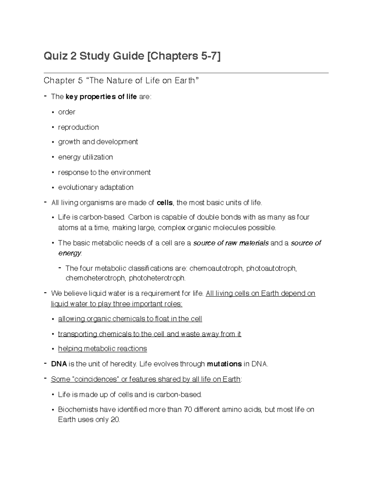 Quiz 2 Study Guide - Quiz 2 Study Guide Chapter 5 Nature of Life on The ...