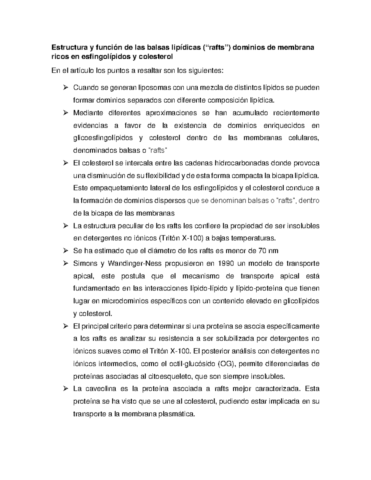 Estructura y función de las balsas lipídicas (rafts) - Estructura y función  de las balsas lipídicas - Studocu