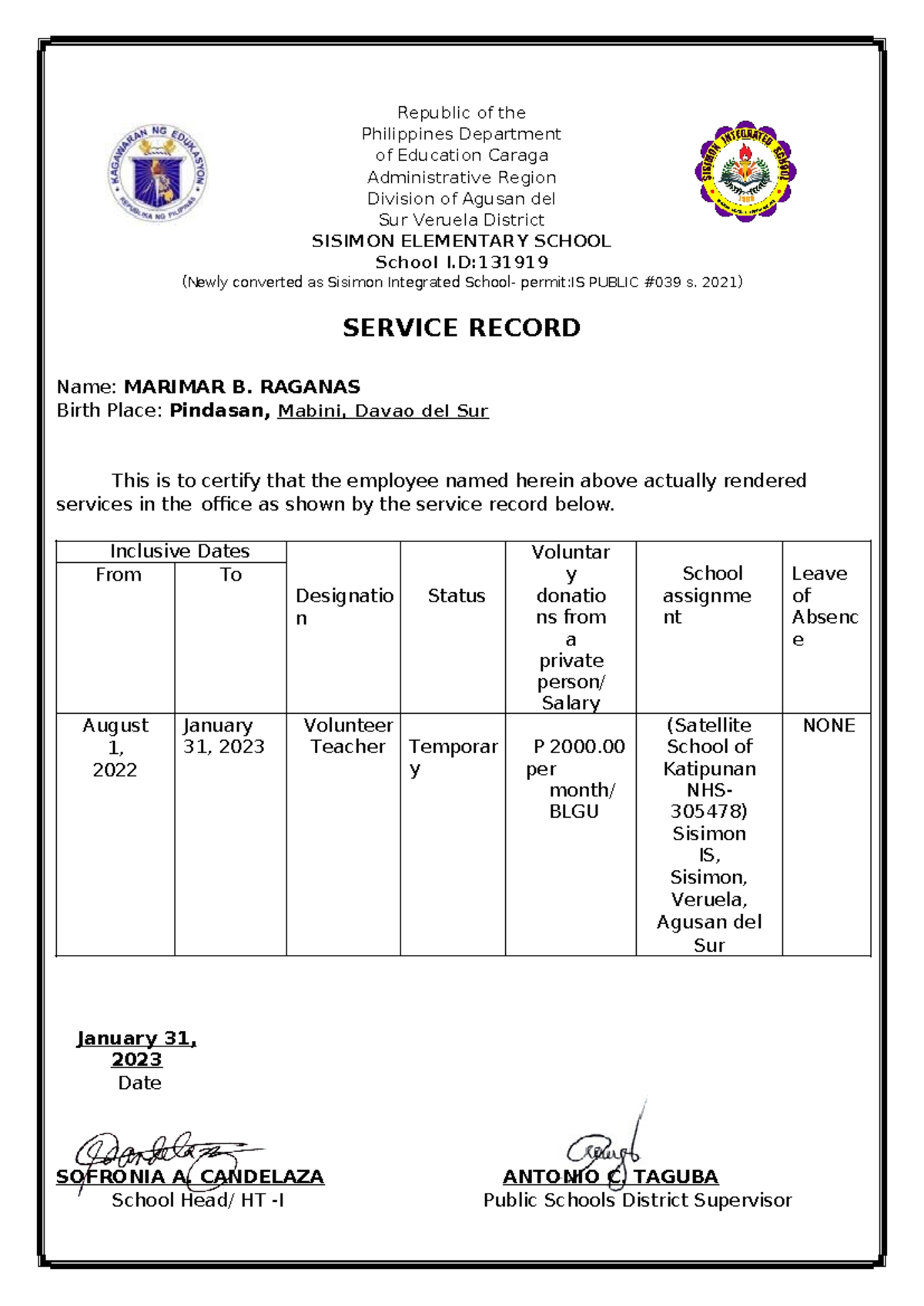 Service record marimar new teachers high school - Republic of the ...