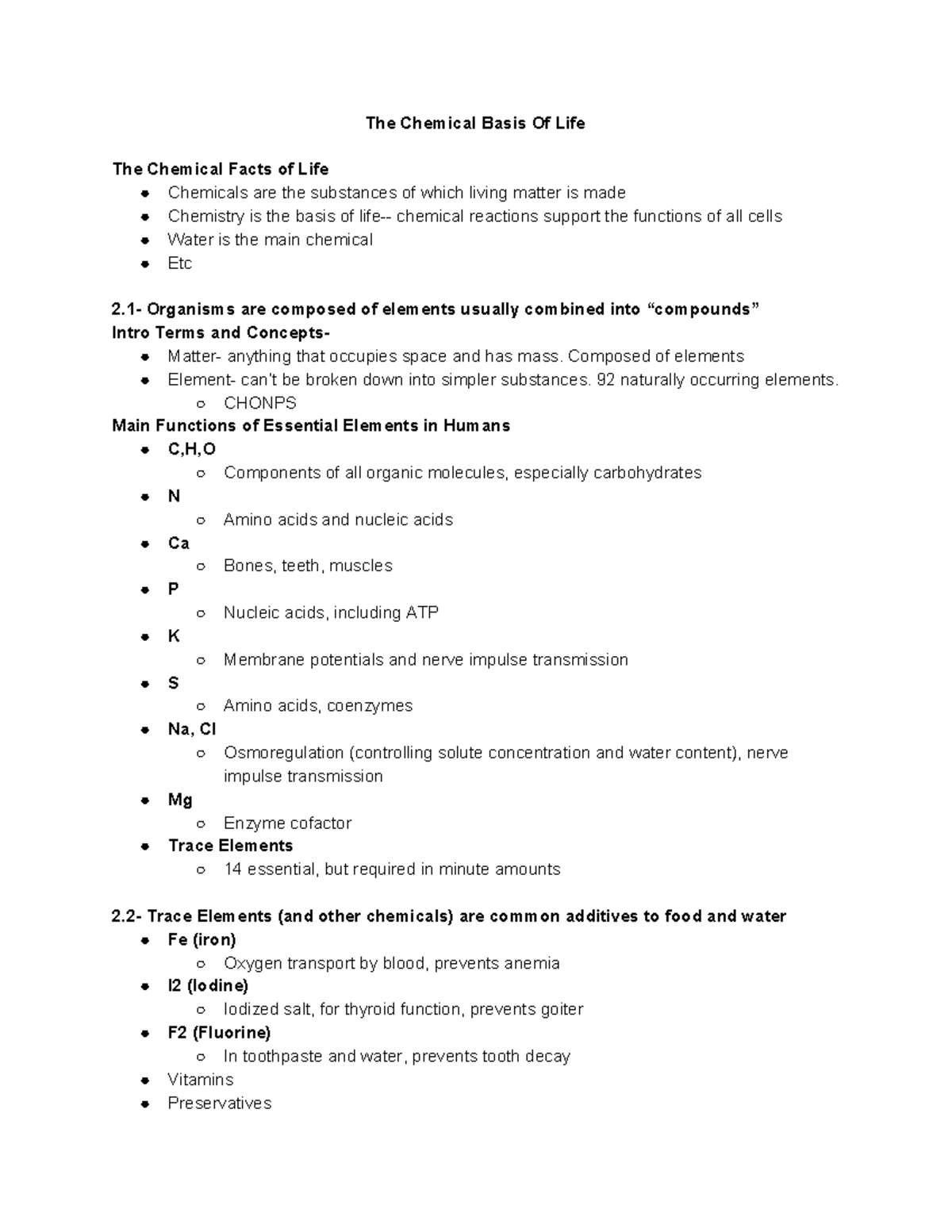 Biology Chapter 2 Notes - The Chemical Basis Of Life The Chemical Facts ...