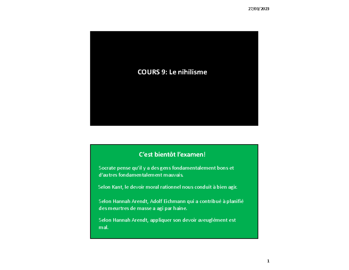 9 presentation nihilisme versionetudiants - COURS 9: Le nihilisme C’est
