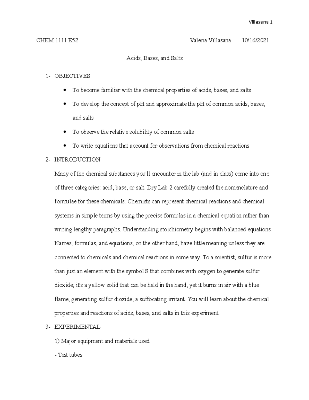 Lab 6 Acids, Bases and Salts CHEM 1111 E52 Valeria Villasana 10/16