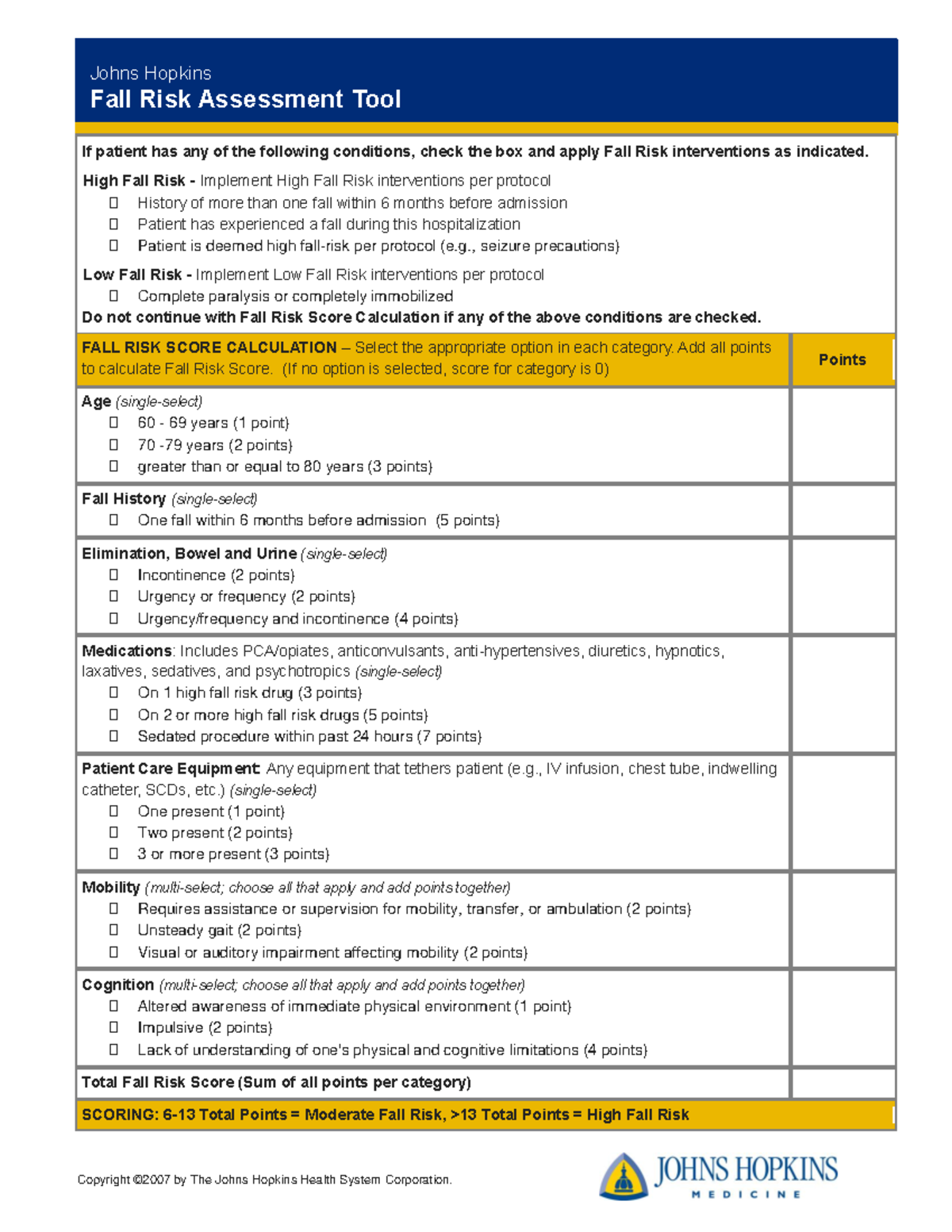 John Hopkins Fall Assessment - Fall Risk Assessment Tool Copyright 