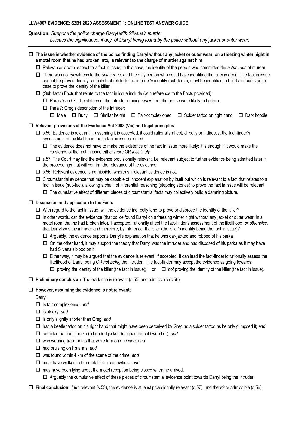 1c- LLW4007 S2B1 2020 Online test answer guide - Marking guide ...