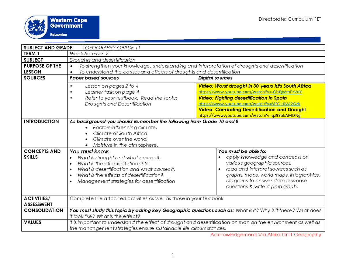 Geography Grade 11 Term 1 Week 5 2021 Directorate Curriculum FET