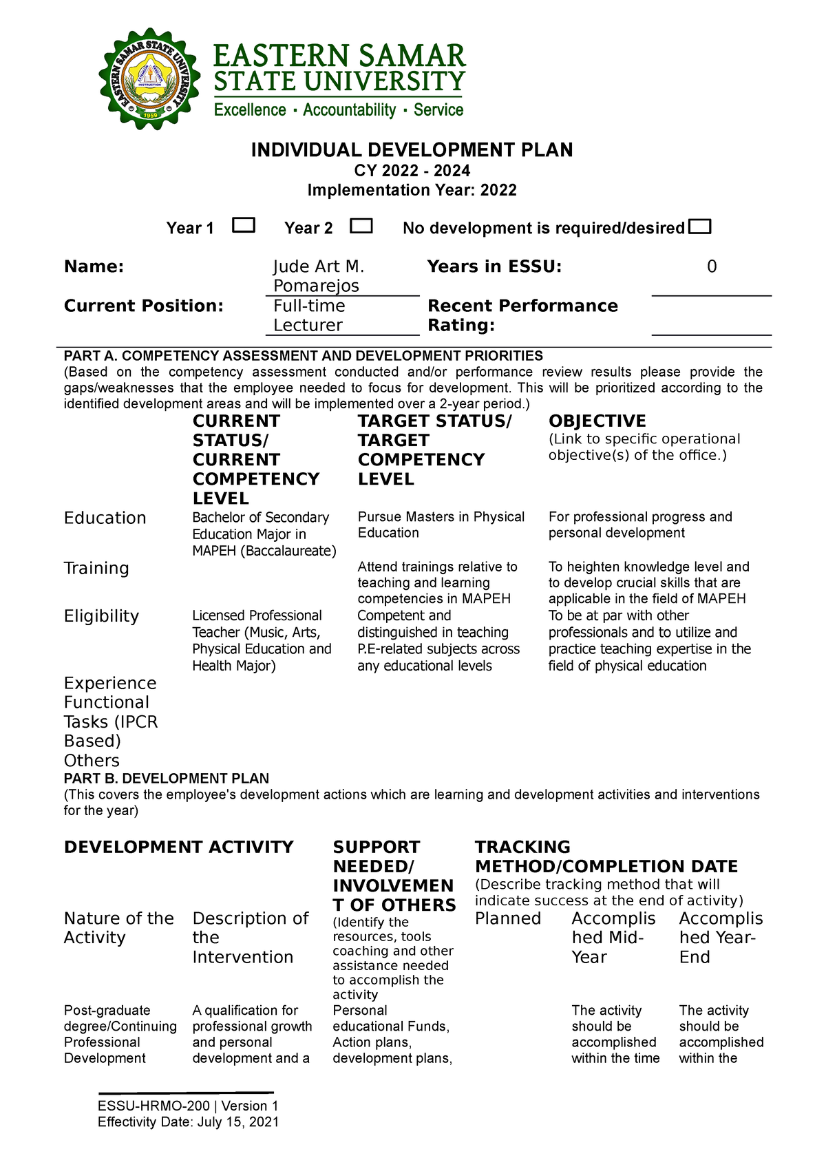 Individual Development Plan For Appraisal Examples