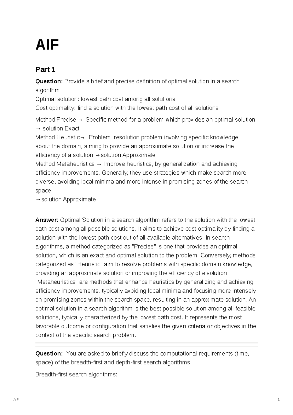 AIF_Example_exam AIF Part 1 Question Provide a brief and precise