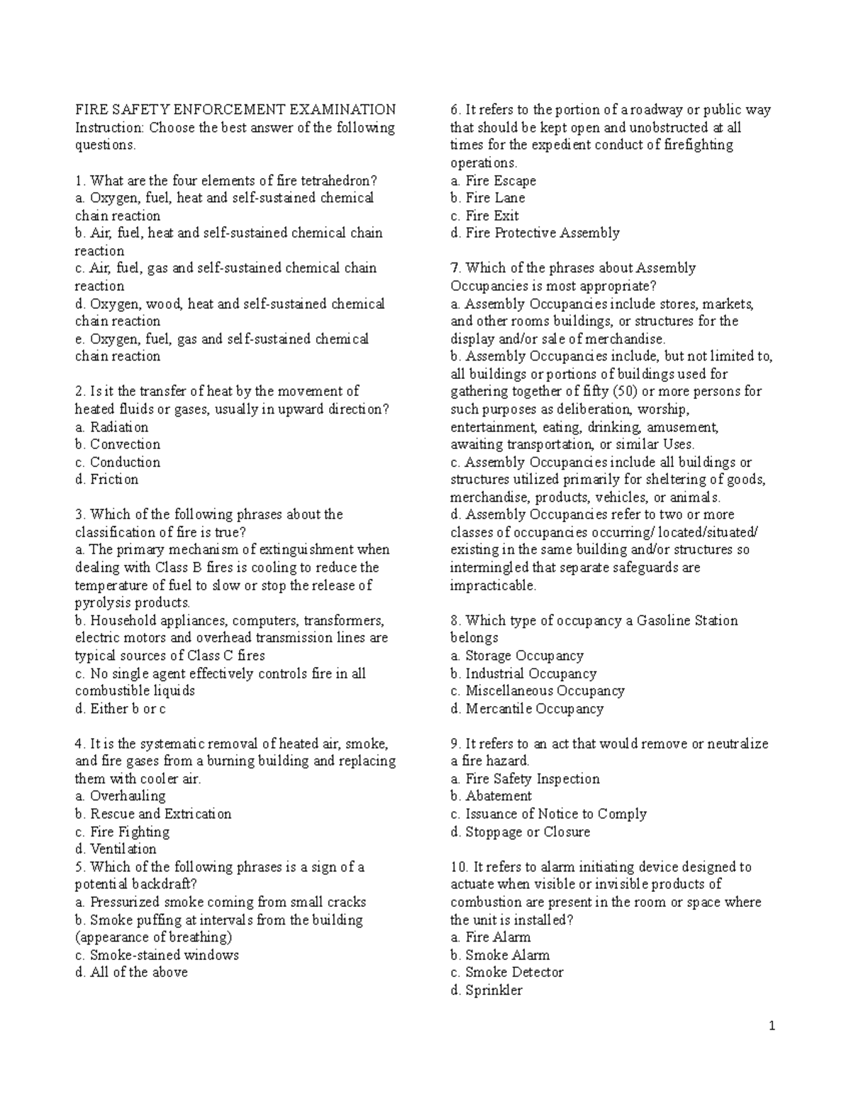 FIRE Safety Enforcement Examination Instruction FIRE SAFETY